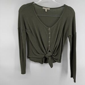 Express One Eleven Olive Green Waffle Knit Button Front Long Sleeve Top Size S